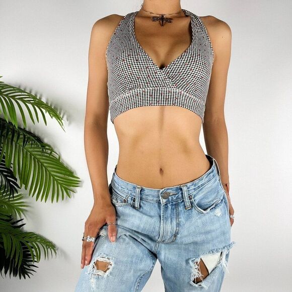 Vintage Y2K Plaid Cottagecore Dark Coquette Bralette Crop Halter Top / M - Picture 4 of 6
